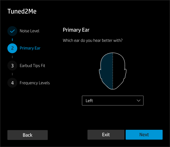 Tuned2Me modal — primary ear selection, left